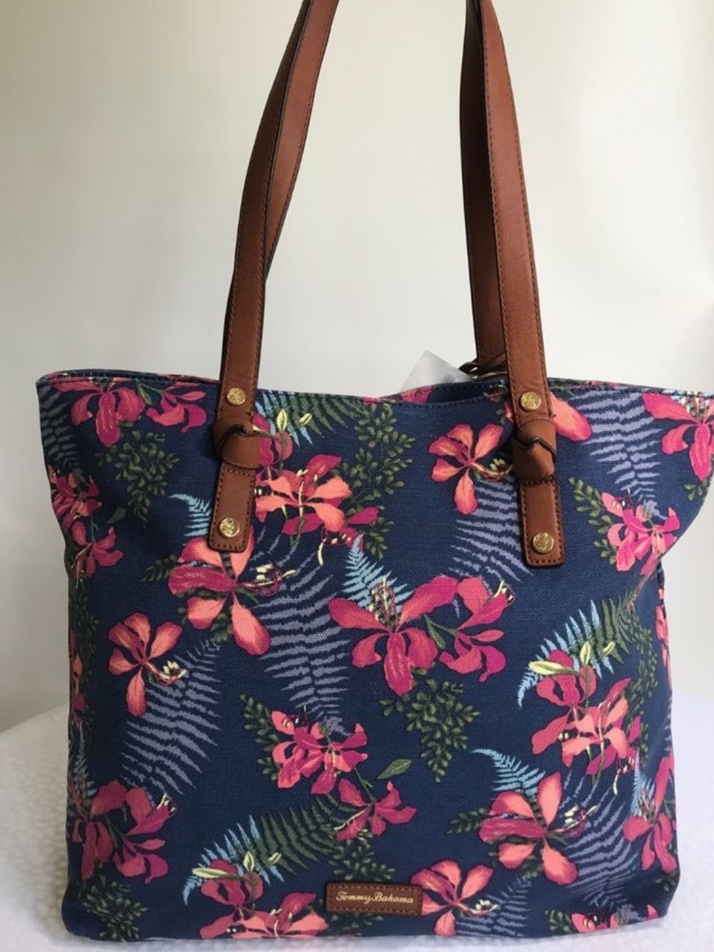 Tommy Bahama Navy Tote with Pink Floral Print